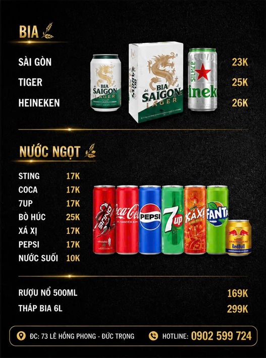 Menu Bia Nước Tháp Bia 68 Garden Đức Trọng 73 Lê Hồng Phong 7